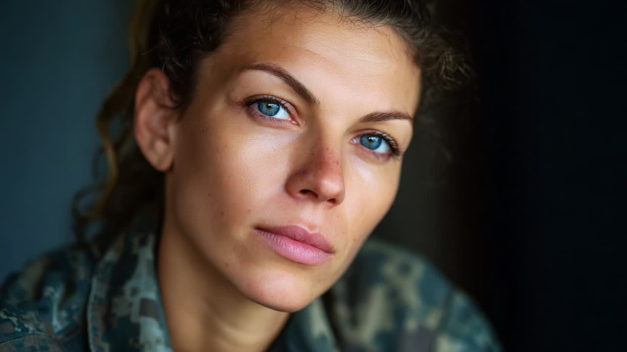 A Striking Portrait: Capturing the Intensity and Resilience of a Female Military Operator, Revealing the Depths of Determination and Strength in Each Gaze Within Two Powerful Frames