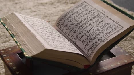 close up of open copy of the quran on stand at home 2