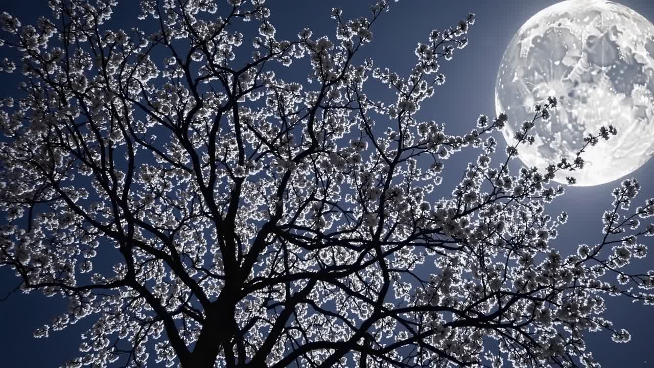 Low-angle shot of a blossoming tree against a full moon, creating a serene, mystical night scene