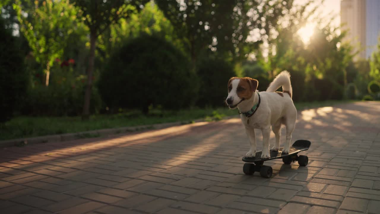 el lindo perro jack russel terrier montando un skateboard en un parque