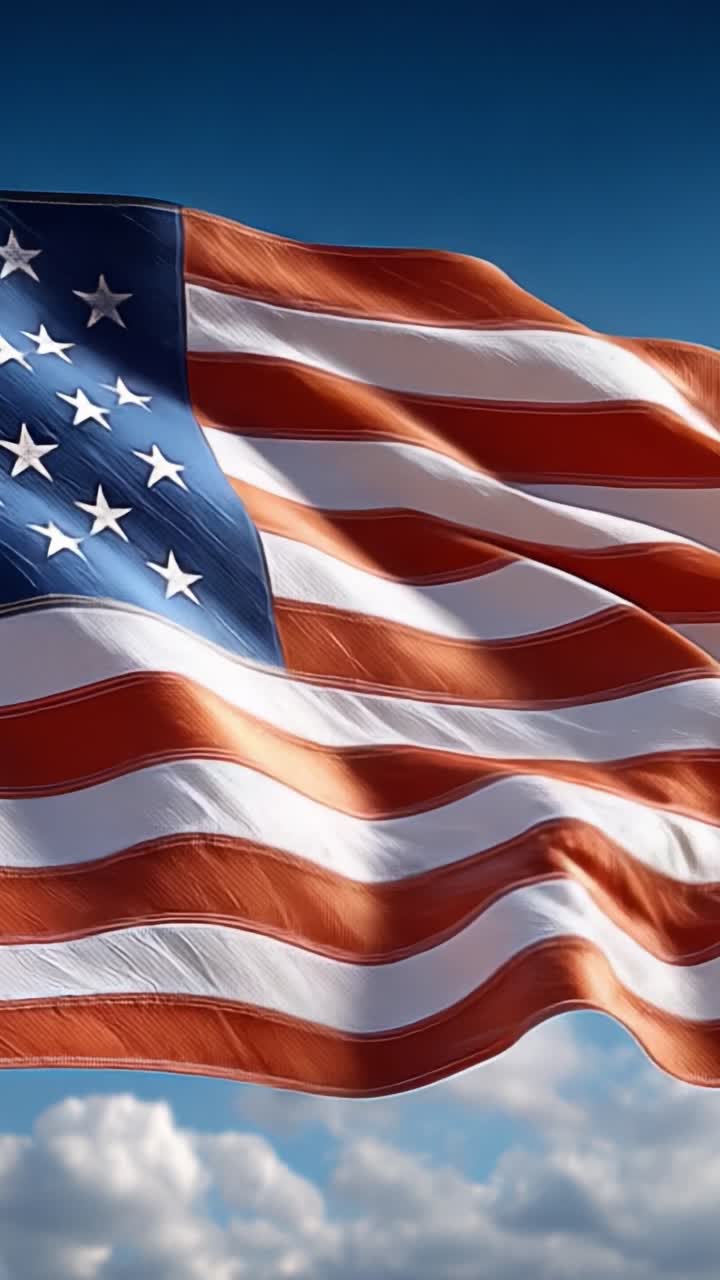 Una bella rappresentazione della bandiera americana che sventola dolcemente sotto un cielo azzurro limpido con soffici nuvole bianche, a simboleggiare libertà e orgoglio nazionale