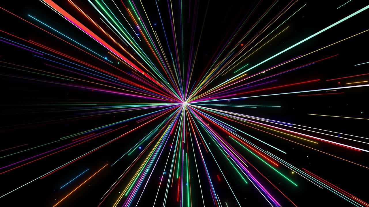 Multicolor neon light burst background with radial speed lines bright center energy black space and