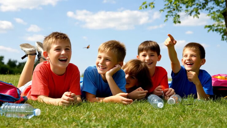 Bambini felici sdraiati sull'erba che guardano una farfalla in una soleggiata giornata estiva