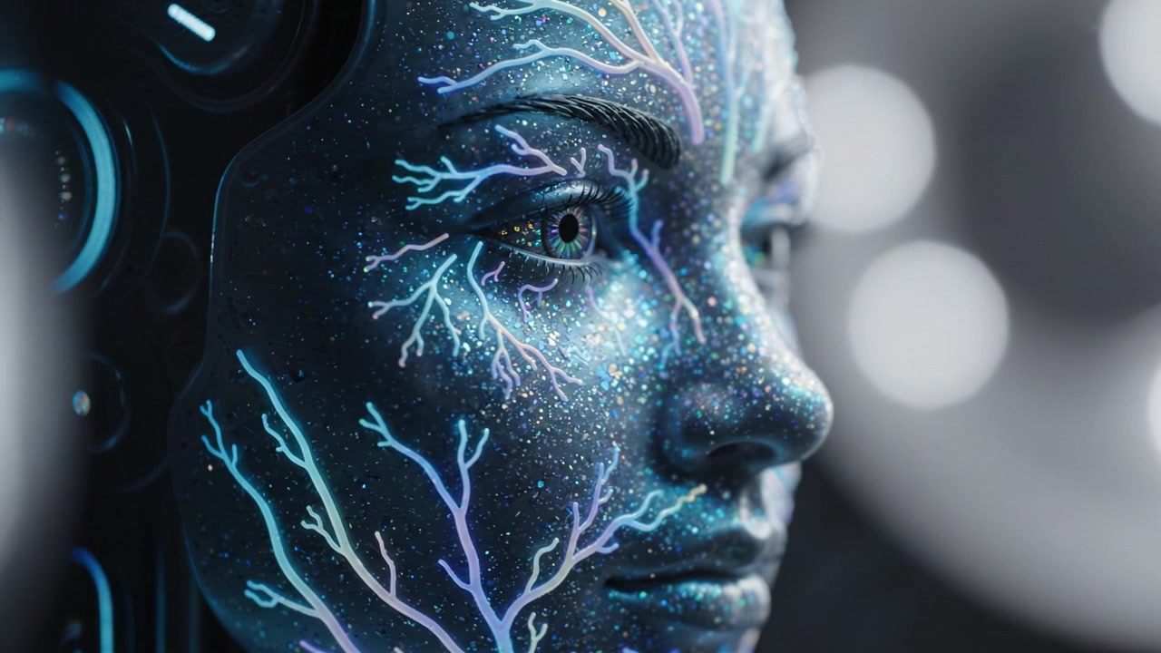 Volto accattivante con un intricato design di body art in evidenza: motivi luminosi e colori vivaci creano un'esperienza visiva mozzafiato in un ambiente tecnologico