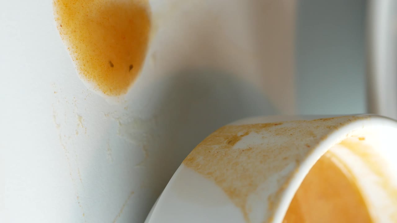 Dirty plate with food residue and spills