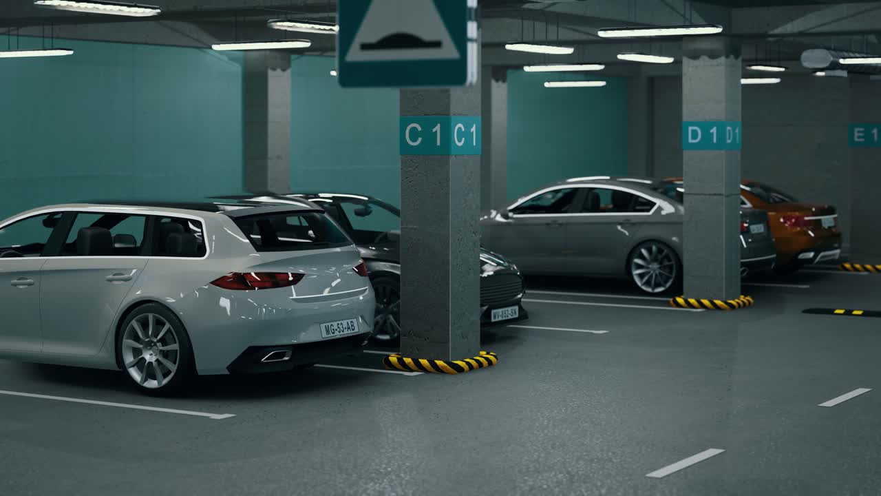 자동차와 함께 지하 주차장. 현대적인 지하주차장. 실내 완전한 현대 주차장이. 지하 주행 차고 장면