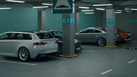 estacionamiento subterráneo con automóviles. estacionamiento bajo tierra moderno. estacionamiento moderno interior completo. estacionamiento subaterráneo escena de garaje