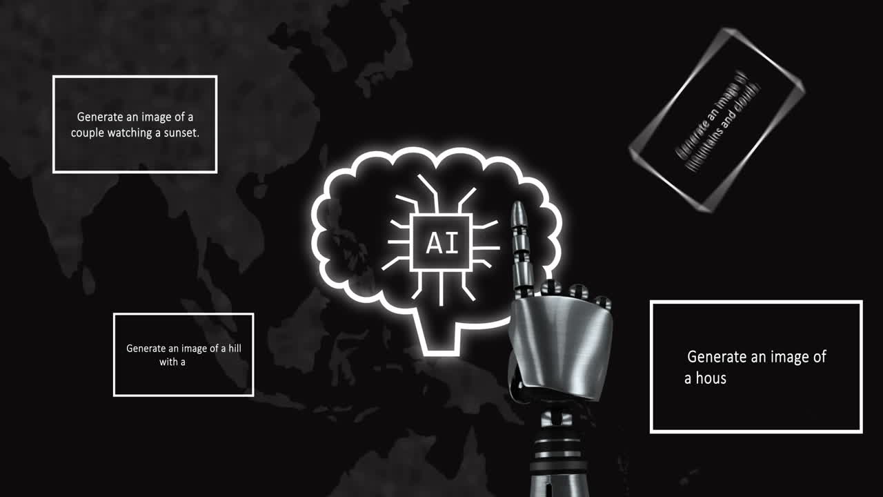 animación del procesamiento de datos de la ia sobre el brazo y el cerebro del robot y fondo oscuro