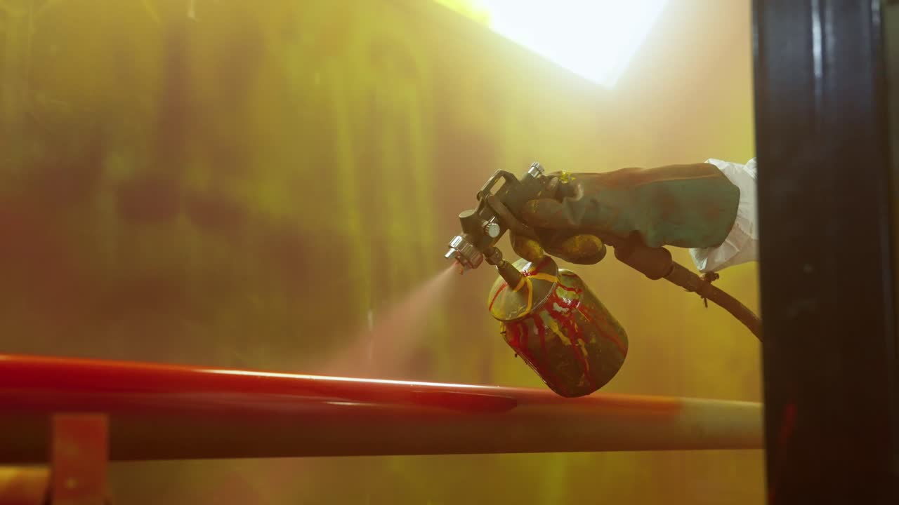 close-up of a person's hands wearing gloves inside a paint booth painting a metal pipe red with a paint gun in slow motion