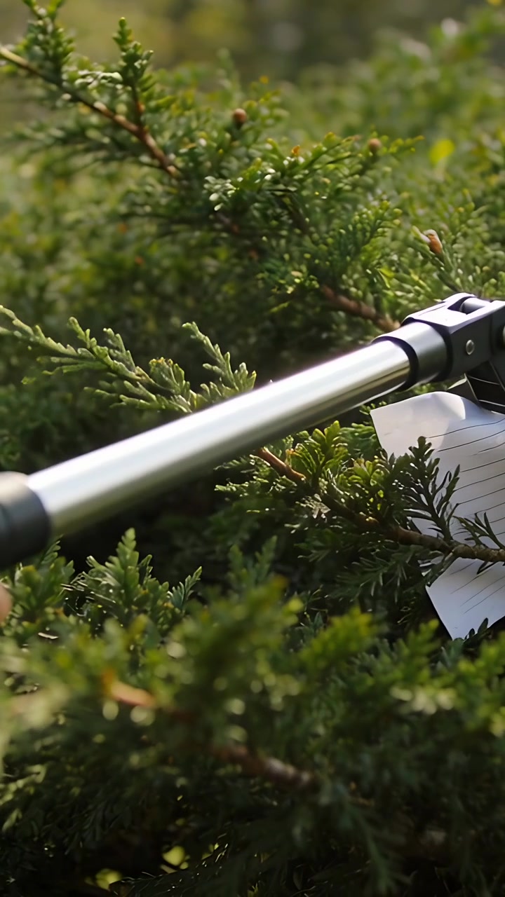Vertical video: Extending metal telescoping pole hinge pivoting in garden hedge freeing lined paper