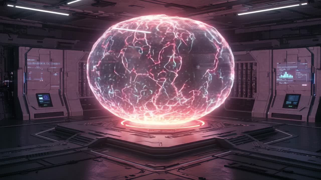 Futuristic Energy Sphere in High-Tech Laboratory with Neon Glow and Complex Data Displays, Showcasing Advanced Scientific Concepts and Visual Effects in a Sci-Fi Setting