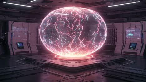 futuristic energy sphere in high-tech laboratory with neon glow and complex data displays, showcasing advanced scientific concepts and visual effects in a sci-fi setting