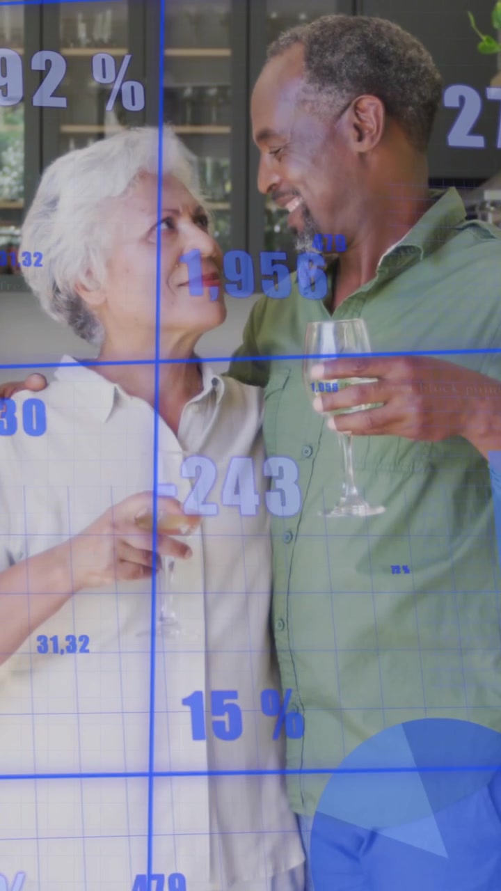 Animation of multiple graphs and changing numbers, diverse couple spending quality time at home