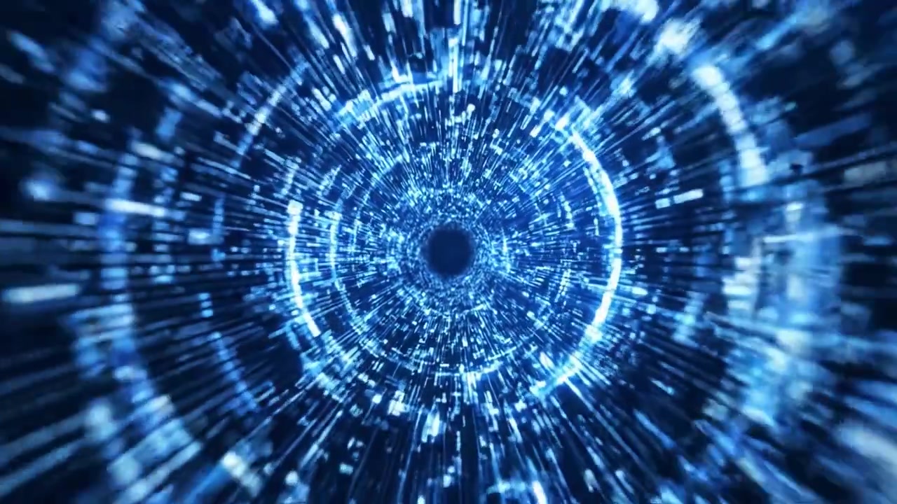 A Dynamic View Into a Digital Vortex: Exploring the Depths of Data Flow and Movement in a Mesmerizing Blue Matrix of Light and Information