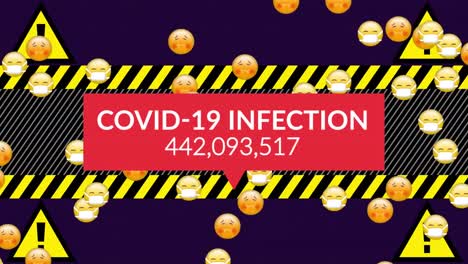 Animation-of-covid-19-infection-text-and-rising-number,-over-virus-cells-and-emojis,-on-black