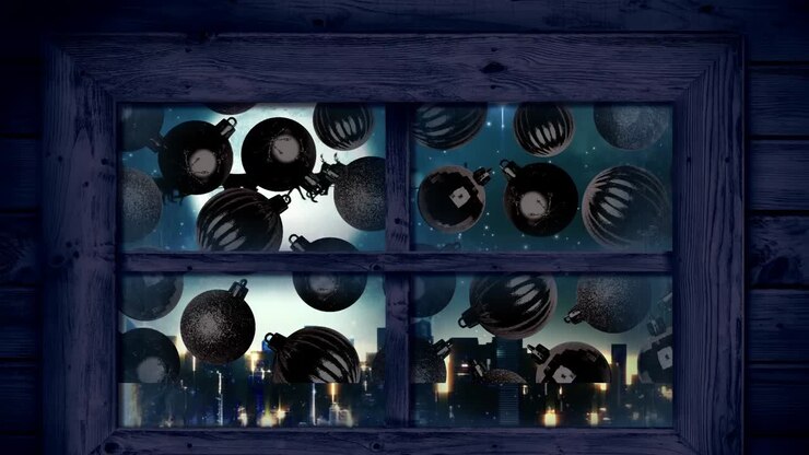 Wooden window frame over christmas baubles against santa claus in sleigh being pulled by reindeers