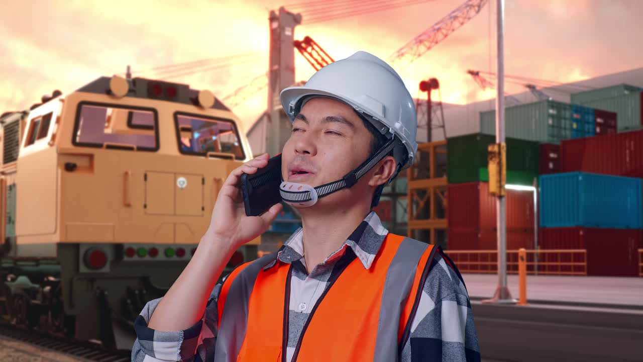 Worker talking on phone at a port with train in background