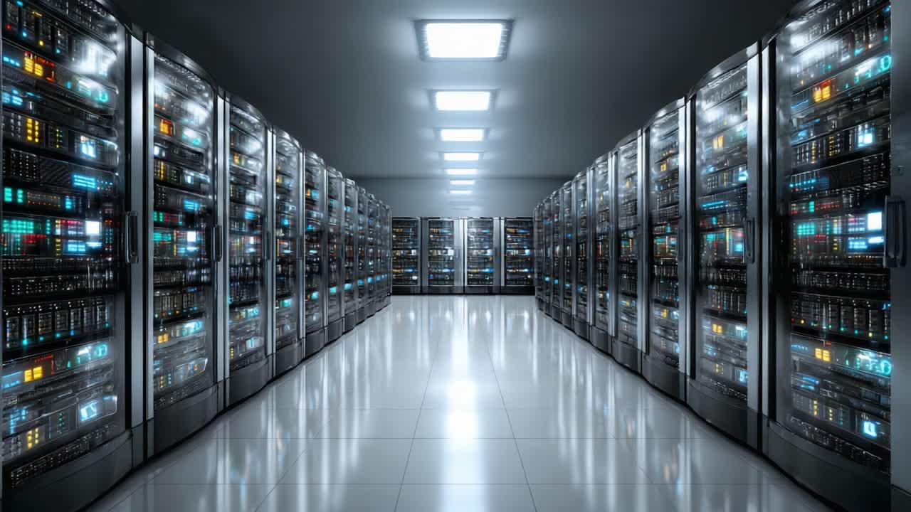 Et højteknologisk datacenter, der viser rækker af kraftfulde servere med oplyste paneler i et strømlinet, moderne miljø