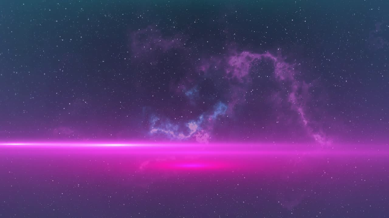 Glowing pink rays of light and blue and pink nebula moving in the night sky