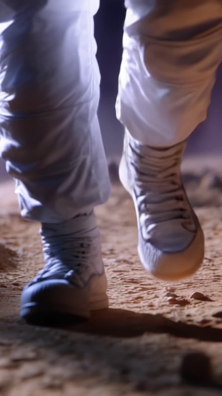 Exploring the Unknown: Astronaut's Footsteps on Alien Terrain in Sleek White Space Boots Captured in Dynamic Motion Frames from a Sci-Fi Adventure Voyage
