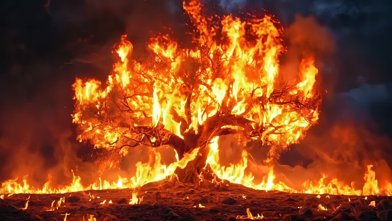 A large tree is engulfed by flames in the dark