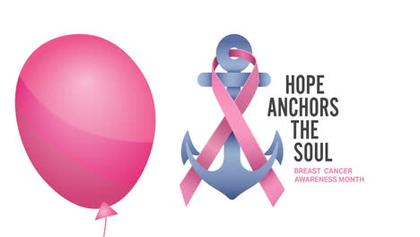 animation of flying pink balloon over pink ribbon anchor logo and breast cancer text