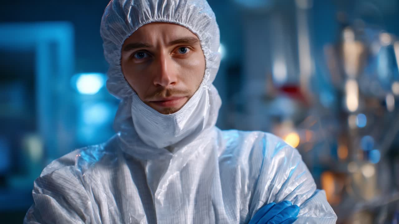 Un professionista concentrato in una tuta protettiva posa con attenzione in un ambiente high-tech, dimostrando dedizione e precisione in un laboratorio o in una camera bianca.