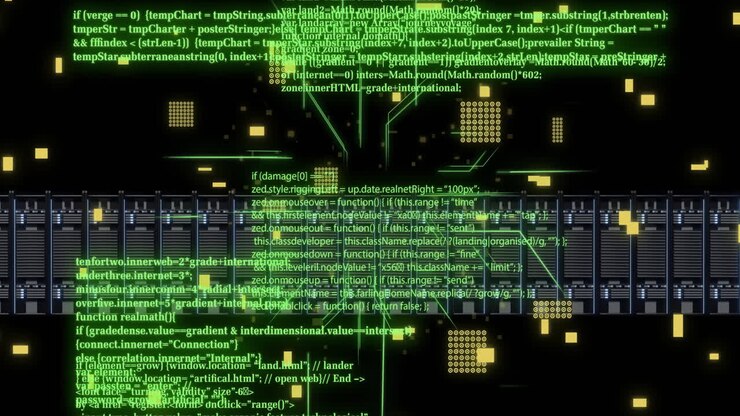 Animation of circuit board and digital data processing over computer servers