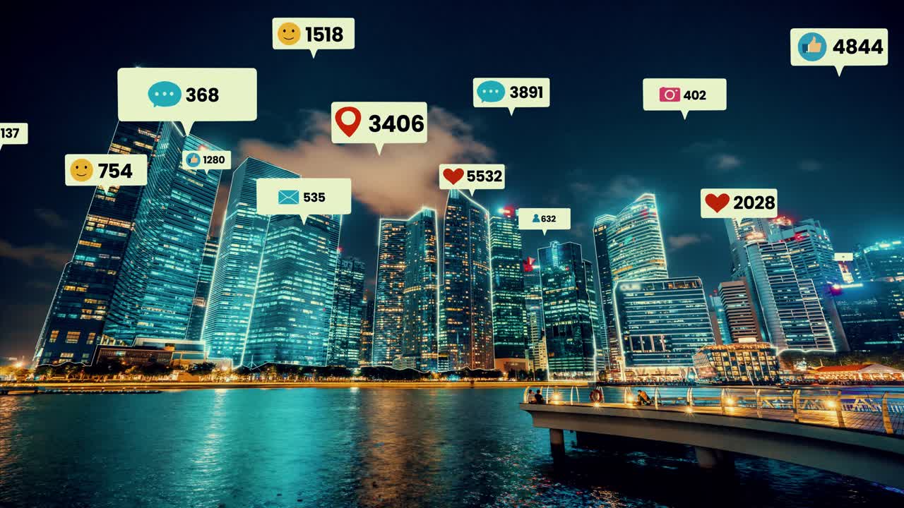 소셜 미디어 아이콘이 도시 중심부에서 날아다니며 사람들의 참여 연결을 보여줍니다.