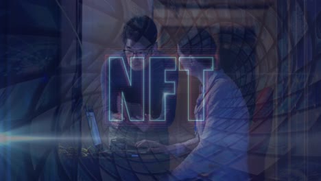 animation of nft and data processing over diverse it engineers by computer servers