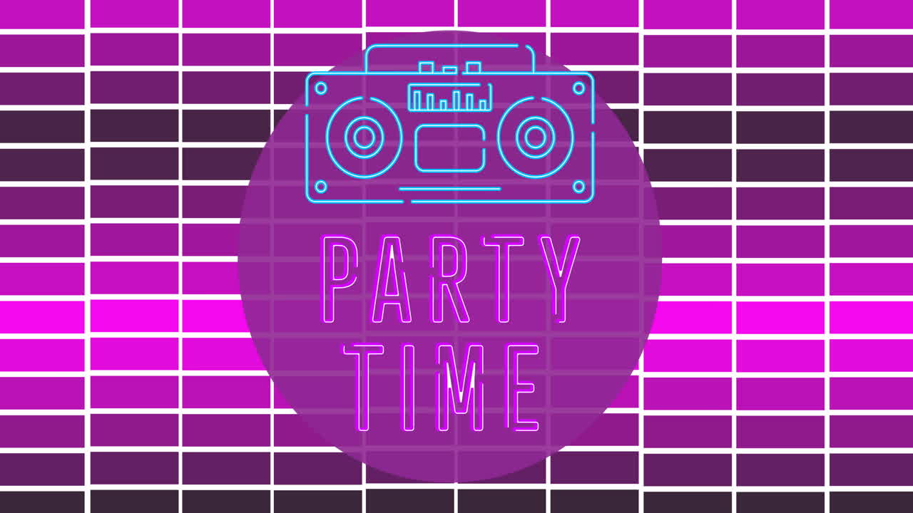 파티 타임 텍스트를 보라색 배경에 그리드 위에 애니메이션
