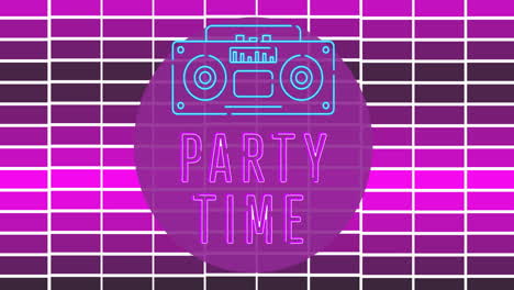 animation of party time text over grid on purple background