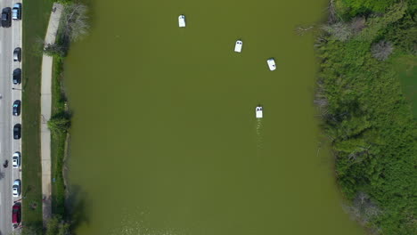 imagen aérea de arriba hacia abajo sobre el estanque en el parque de veteranos