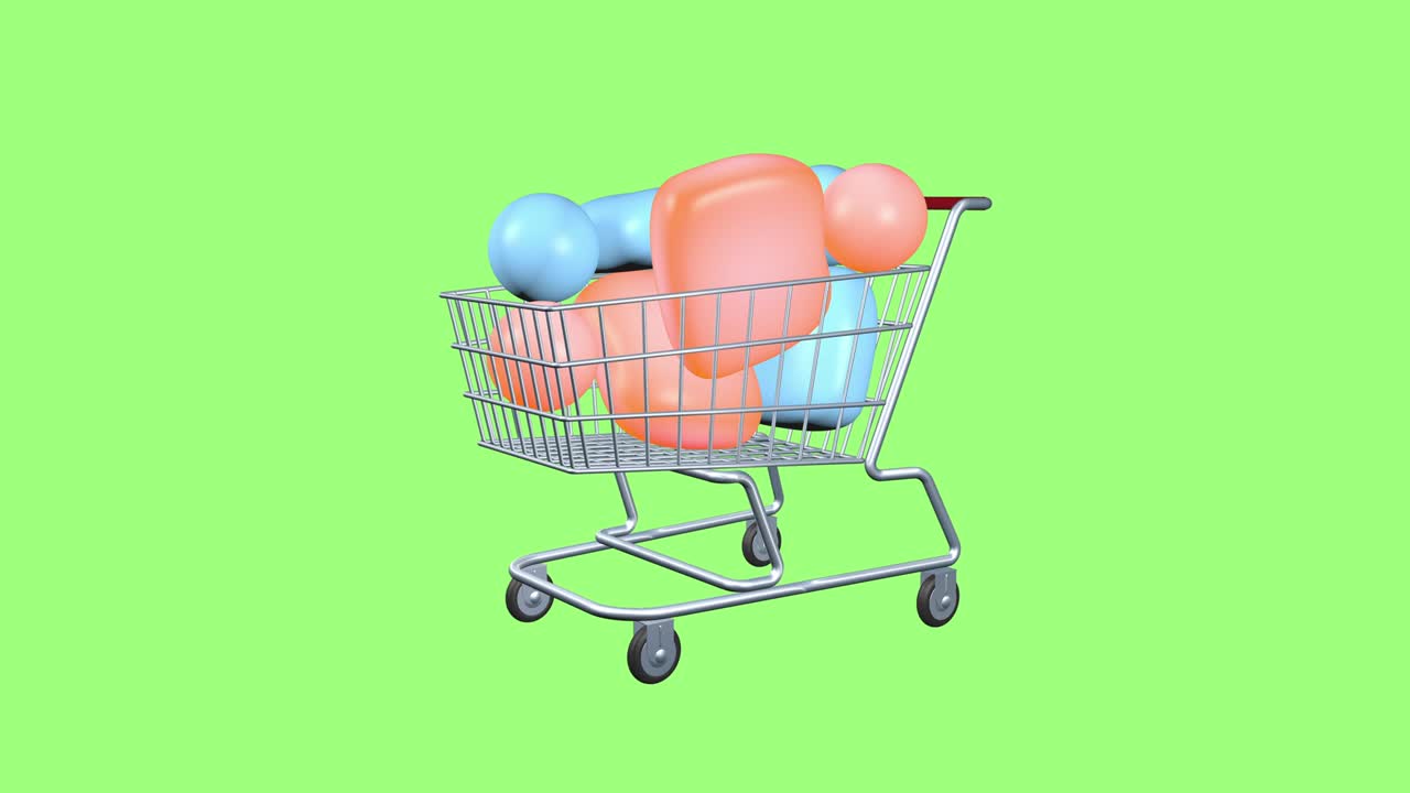 un signo de personas virtuales y un carrito de comestibles como símbolo de comercio. animación de la venta y compra de una población o equipo. pantalla verde aislada. demanda y oferta de recursos humanos.