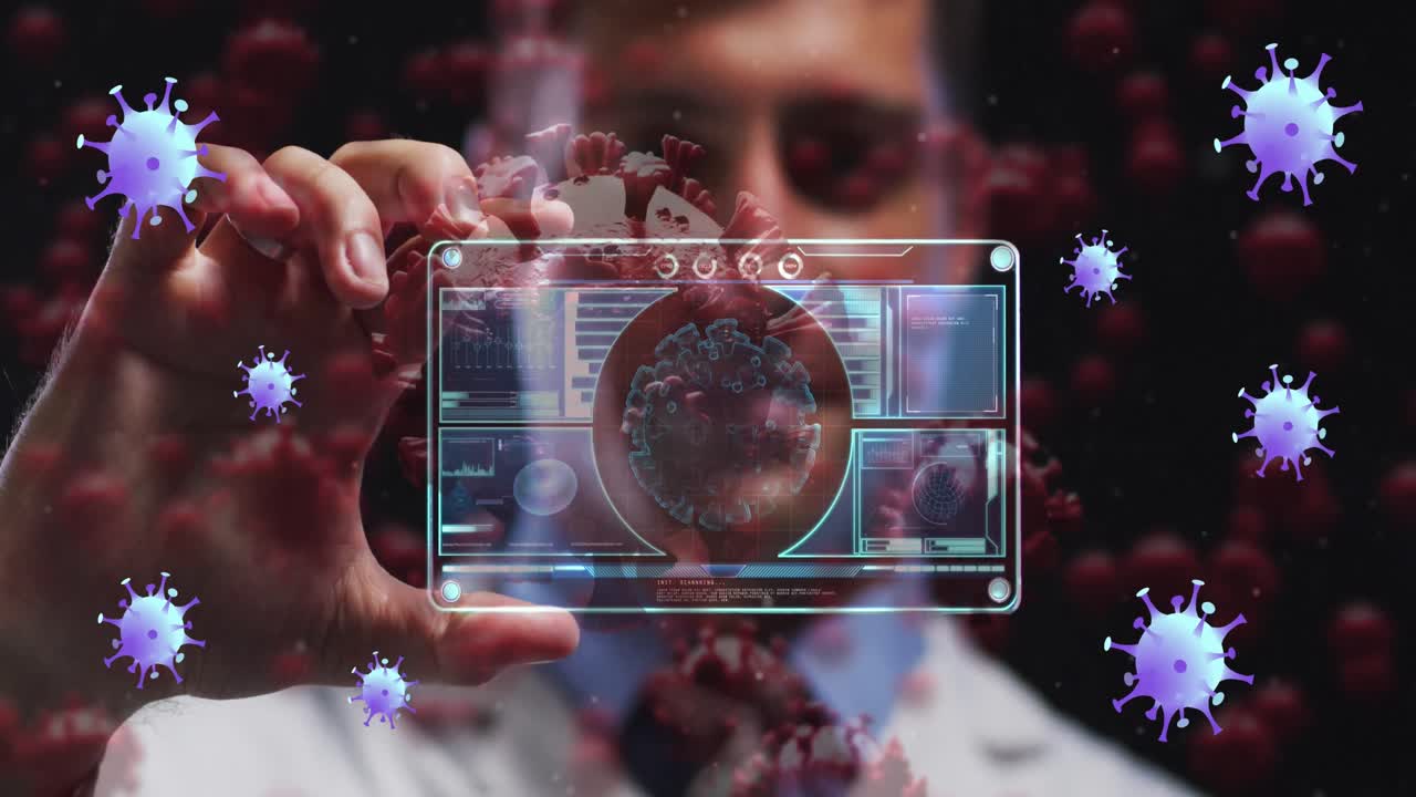 animación de células púrpuras de virus sobre médico caucásico con tarjeta digital con datos de virus