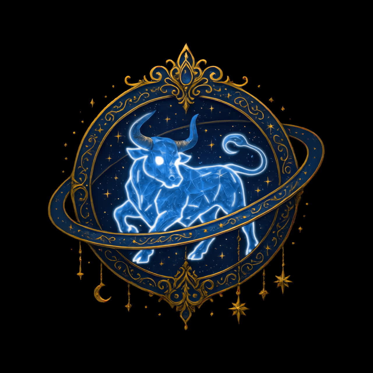 Toro celestial en animación de diseño ornamentado, recurso aislado, vídeo en 4K transparente, canal alfa