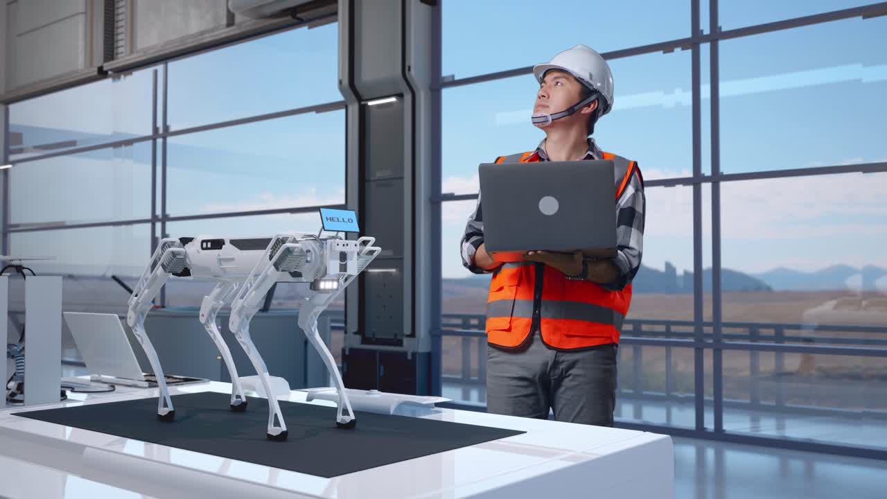 Full Body Of Asian Male Engineer With Safety Helmet Looking At A Laptop And Looking Around While Standing in High Tech Factory, Analyzing Robotic Machine Concept