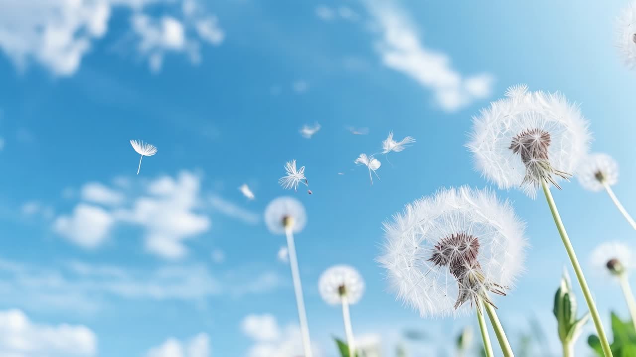 Low-angle video frame of dandelions against a bright blue sky, capturing seeds floating gently