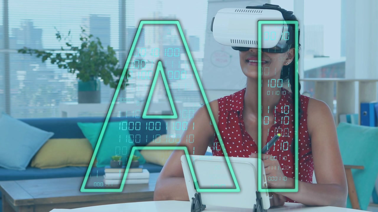 Woman wearing VR headset using stylus and initiating AI code overlay while testing VR design tools