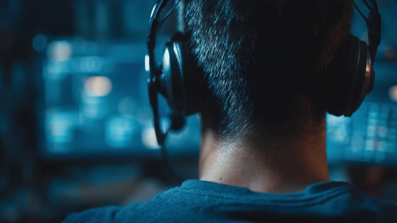 Fokus på gaming: Nærbillede af en spiller fordybet i den digitale verden med hovedtelefoner og to skærme i et dæmpet miljø