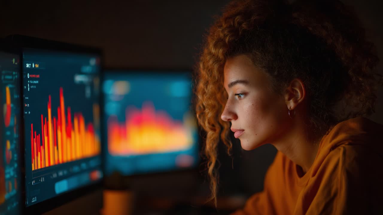 Analyse af datatendenser: En fokuseret person fordybet i dybdegående analyse af grafiske repræsentationer på flere computerskærme