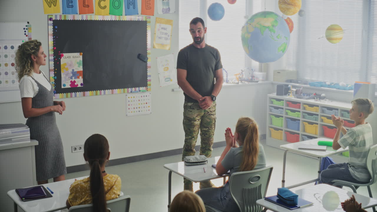 Military Officer Visiting Classroom Speaking to Curious Students About Military Science and