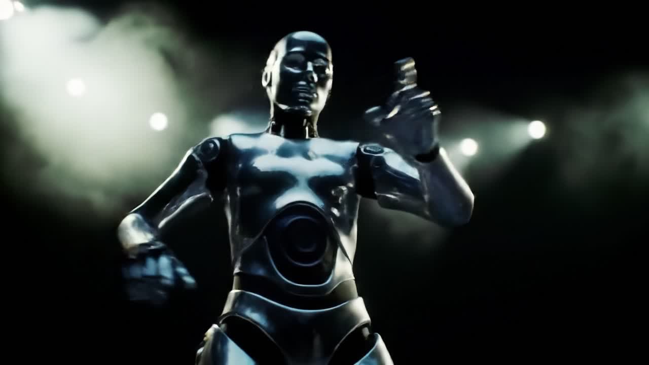 A humanoid robot showcases its advanced dance moves on stage at a technology exhibition held in a modern urban environment. The atmosphere is electrifying with bright lights and excited spectators.