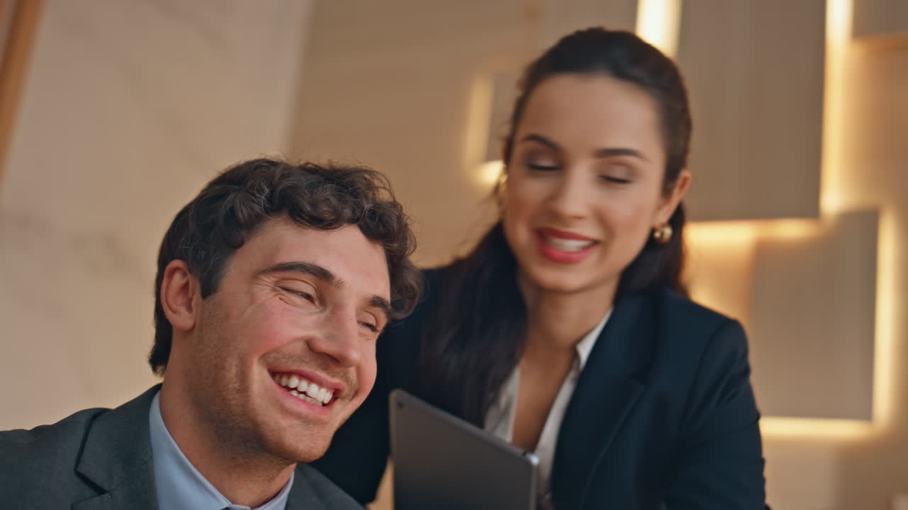 Positive team virtual conference at meeting closeup. Colleagues video chatting