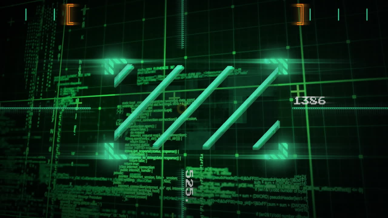 Digital code and data processing animation over green grid background