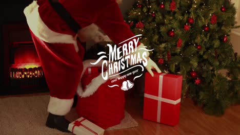 Animation-of-christmas-greetings-text-over-santa-claus-with-presents-by-christmas-tree