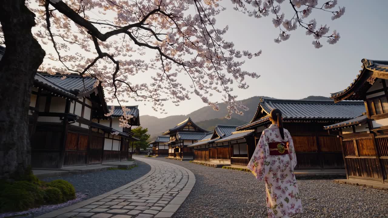 Un video riprende una donna in kimono floreale sotto i fiori di ciliegio al tramonto.