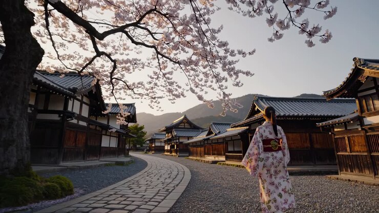 Un video riprende una donna in kimono floreale sotto i fiori di ciliegio al tramonto.
