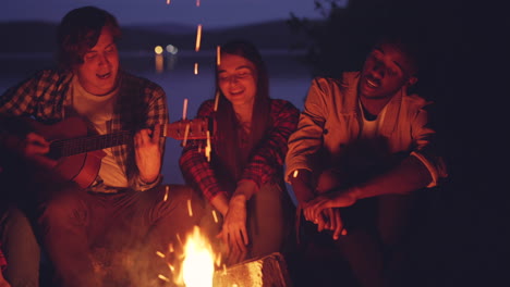 friends singing around a campfire by the lake at night