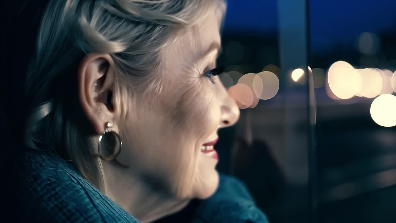 mujer sonriente mirando lejos en la ciudad por la noche